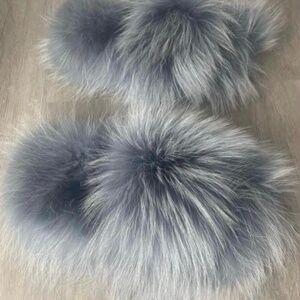 Silver genuine fur custom fur slides on inside and out.